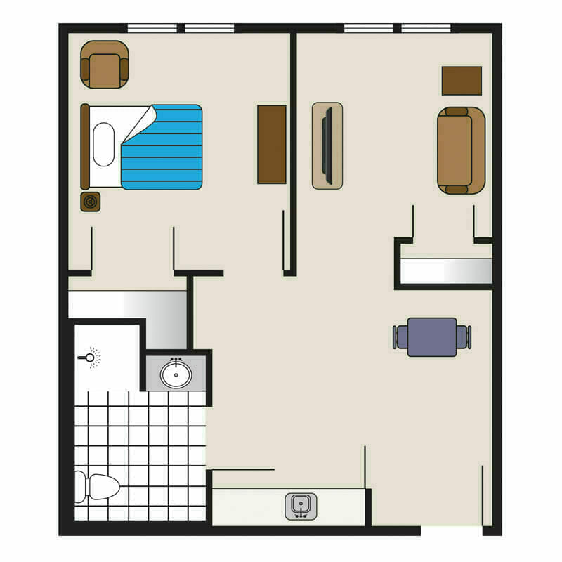 Our spacious one-bedroom apartment at the Mira Vie at Brookfield retirement home, complete with a modern kitchen, comfortable living area, private bathroom, and tranquil balcony.