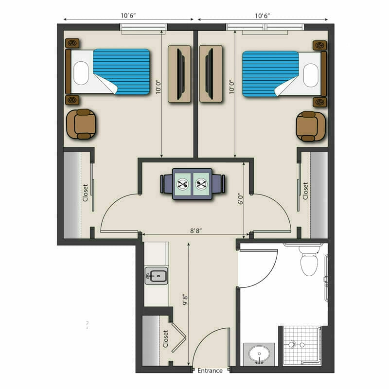 The balanced, two-bedroom layout at Mira Vie of Clifton senior living community, featuring a centralized living space for optimal comfort and convenience.