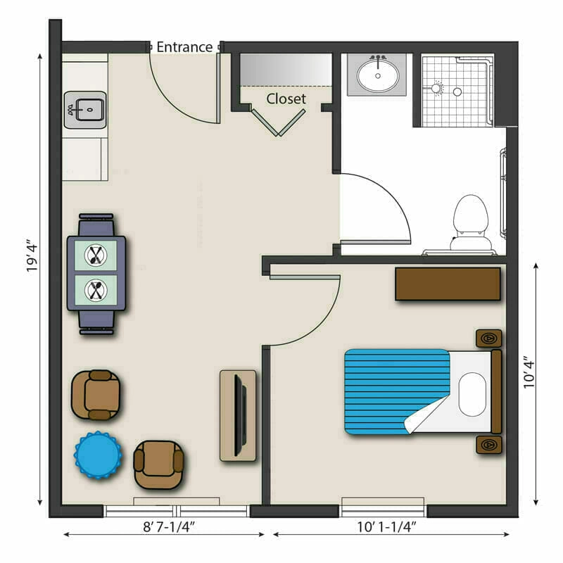 The efficiently designed floor plan of a compact apartment at Mira Vie at Clifton senior living community. Featuring a welcoming entrance, ample closet space, a streamlined kitchen area, private bathroom and comfortable bedroom with strategic furniture layout. Perfectly crafted for simplicity and convenience in your golden years.