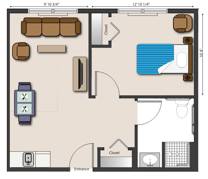 The meticulously designed one-bedroom apartment floor plan at Mira Vie at Clifton retirement community. Each space - including living, dining, kitchen, bathroom and bedroom areas - is optimally planned with ideal furniture layout for quality senior living.