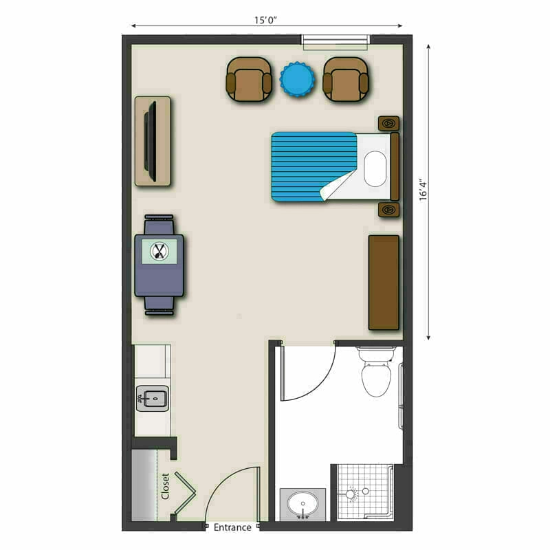 The comfortable, compact living space at Mira Vie at Clifton. Our retirement community offers a well-designed floor plan, complete with bathroom, kitchen, and seating area for utmost convenience and comfort.