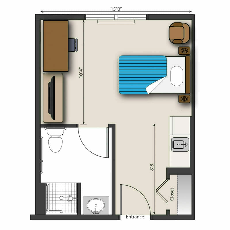 The efficient one-room apartment layout at Mira Vie at Clifton, a premier retirement community. Our compact floor plan features private bathroom and closet spaces, catering specifically to senior living needs.