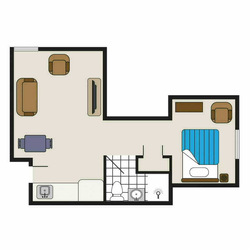 The 2D floor plan of an unfurnished apartment at Mira Vie at East Brunswick. Designed for retirement living, the layout includes labeled rooms and basic fixtures, perfect for seniors who desire a customizable space.