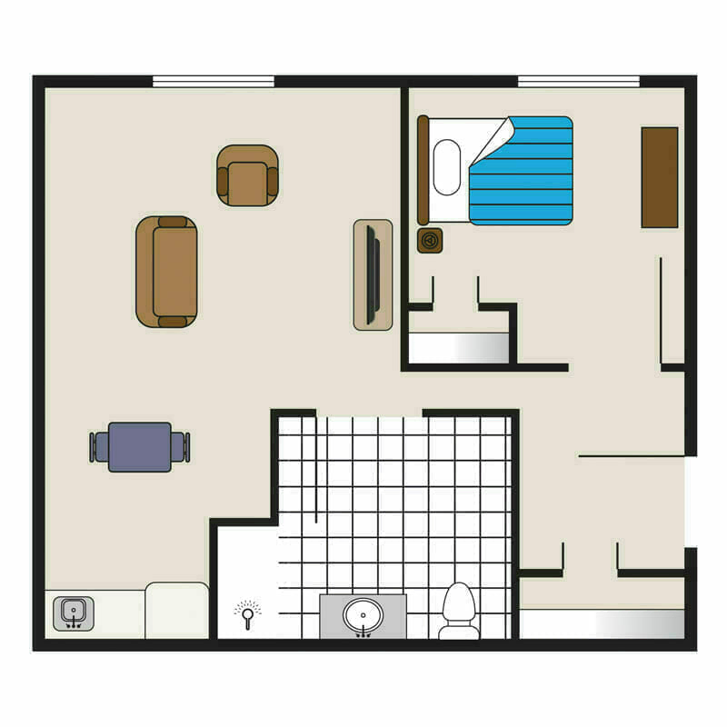 The easy-to-navigate one-bedroom apartment floor plan at Mira Vie Retirement Community in East Brunswick.