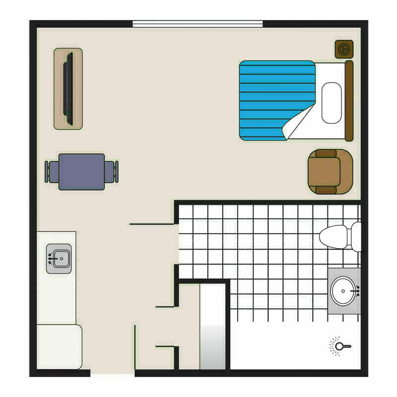 The seamless studio apartment floor plan at Mira Vie in East Brunswick; thoughtfully designed with designated areas for bed, dining, kitchenette, and bathroom tailored to meet the needs of our vibrant retirement community.