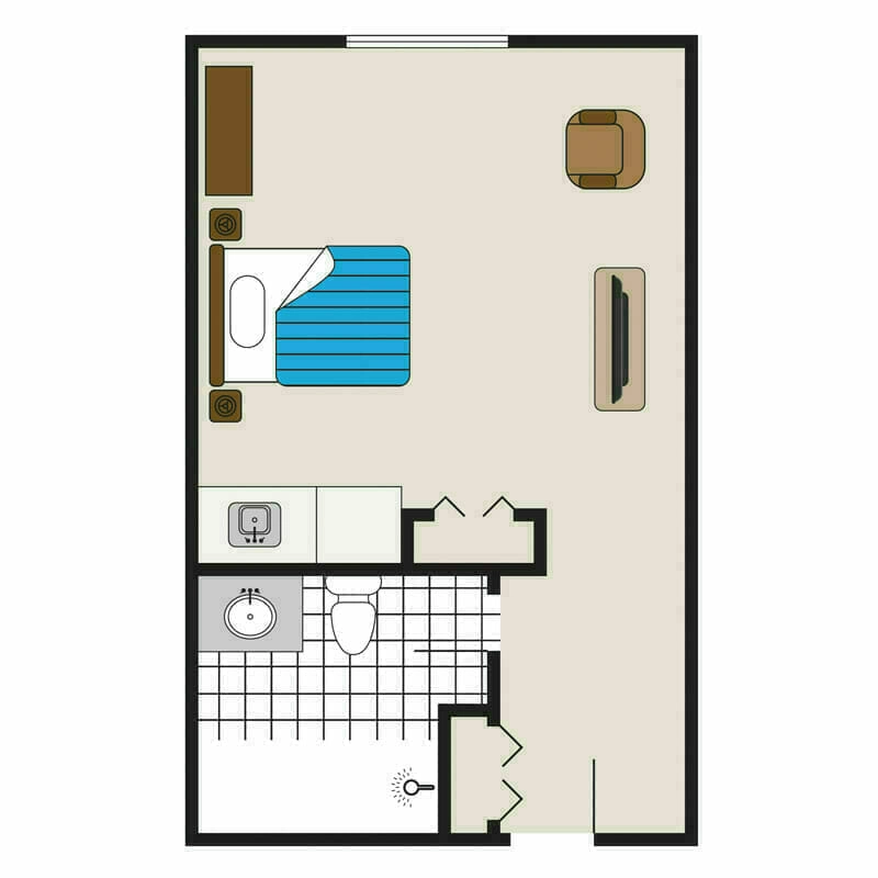 The one-bedroom apartment floor plan at Mira Vie at Fanwood senior living community.