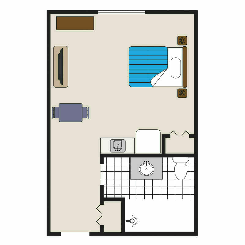 The efficient 2D layout of a cozy bathroom at Mira Vie at Fanwood retirement community, featuring a shower, toilet, sink and ample storage space.