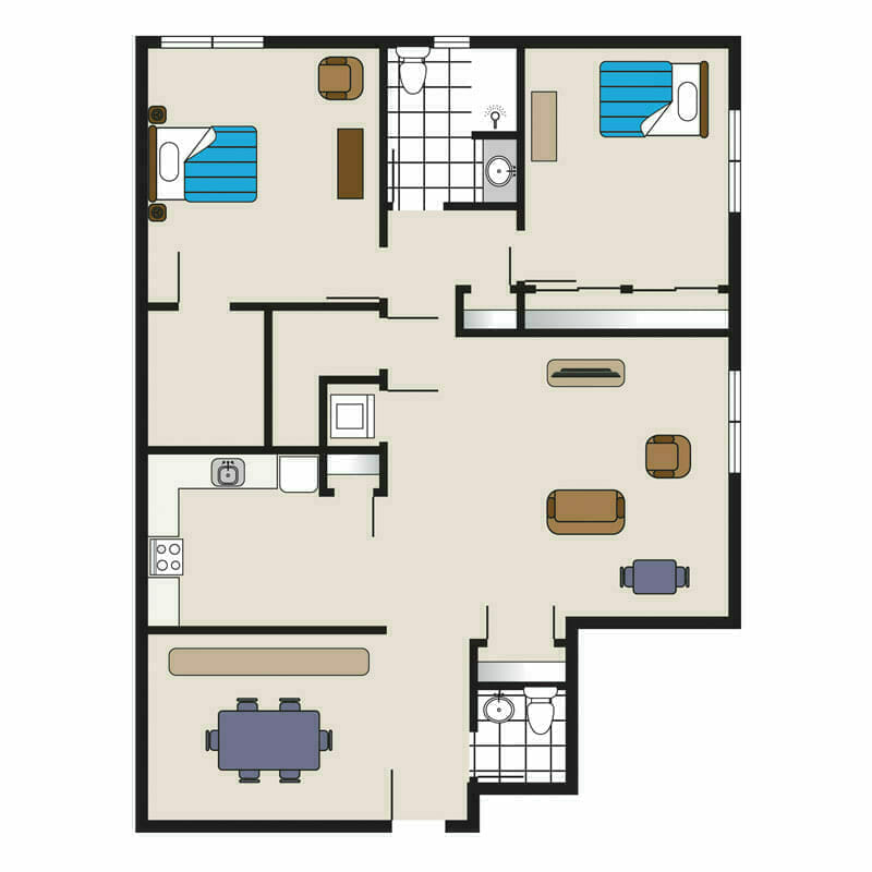 Our comfortable two-bedroom apartment at Mira Vie Fanwood Retirement Community, featuring a detailed 2D floor plan with furniture layout.