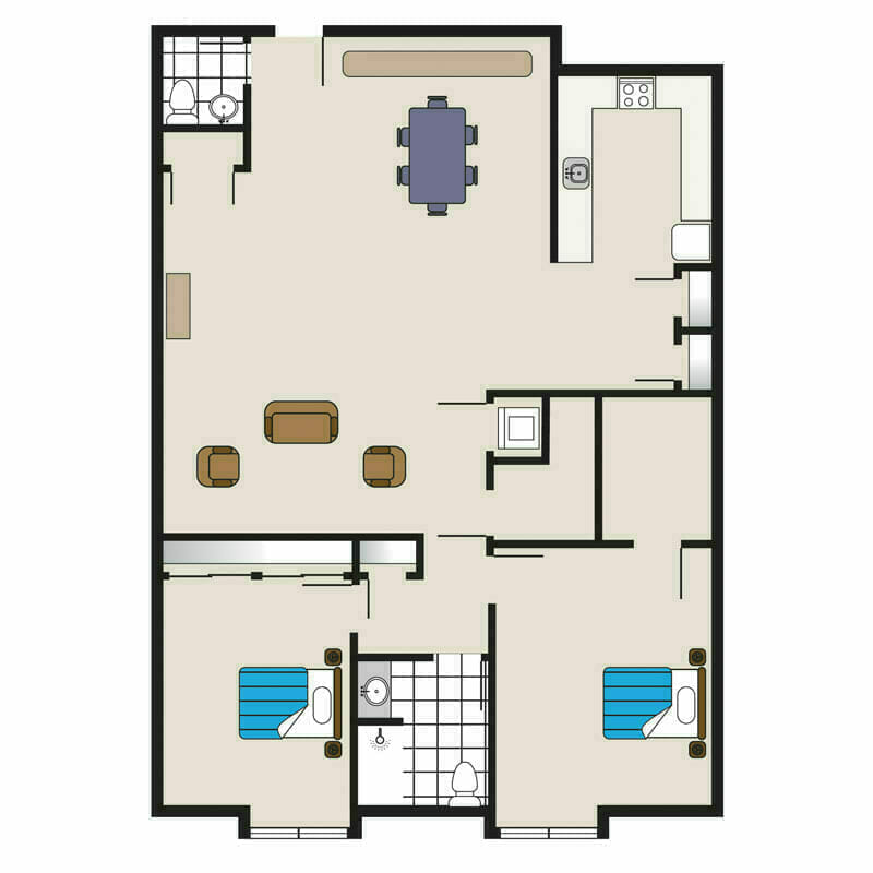 The spacious two-bedroom apartment, complete with furniture layout, in the serene Mira Vie retirement community at Fanwood.