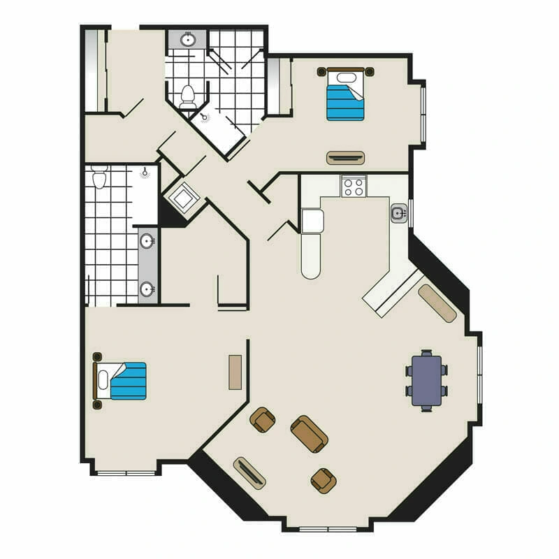The well-designed 2D blueprint of Mira Vie at Fanwood's residential floor plan. This retirement community provides a top-tier layout with labeled rooms and furniture arrangement for optimal senior living comfort.