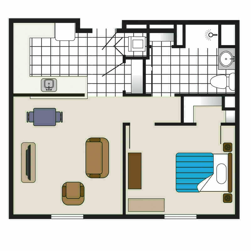 The one-bedroom apartment floor plan featuring a furniture layout at Mira Vie Retirement Community in Fanwood.