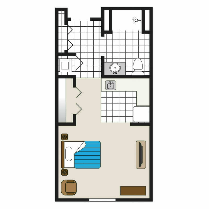 Your new home with the one-bedroom apartment floor plan at Mira Vie at Fanwood Retirement Community, complete with a spacious living area, modern kitchen, comfortable bedroom, and well-appointed bathroom.
