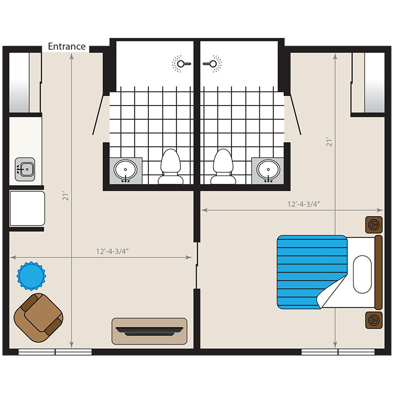 The detailed small bathroom floor plan at Mira Vie at Forsgate Retirement Community, featuring precise fixtures and dimensions.