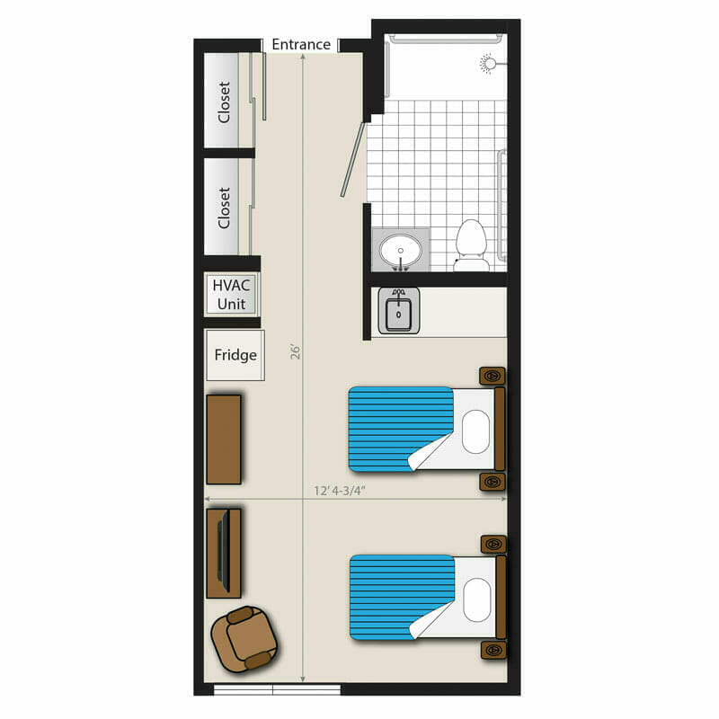 The efficient studio apartment layout at Mira Vie at Forsgate, a premier retirement community. Our thoughtfully-designed floor plan features designated areas for essential amenities such as a closet, HVAC unit, refrigerator, bed area and bathroom.