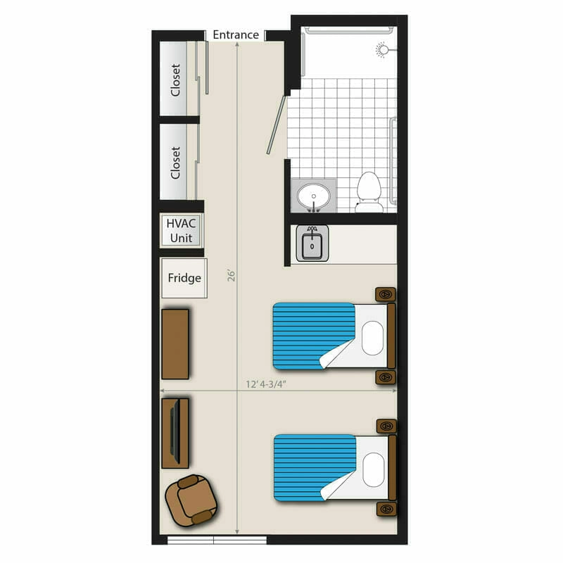 The efficient studio apartment layout at Mira Vie at Forsgate, a premier retirement community. Our thoughtfully-designed floor plan features designated areas for essential amenities such as a closet, HVAC unit, refrigerator, bed area and bathroom.
