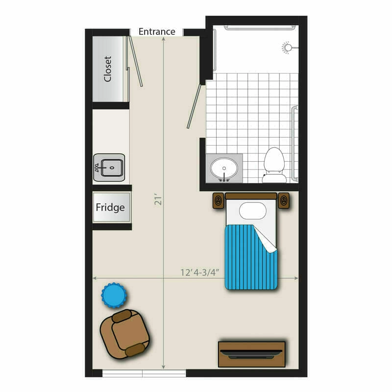 Compact studio apartments at Mira Vie at Forsgate, featuring thoughtfully designated areas for the kitchen, bathroom, and combined living/sleeping space. A well-organized floor plan optimized for senior living in our retirement community.