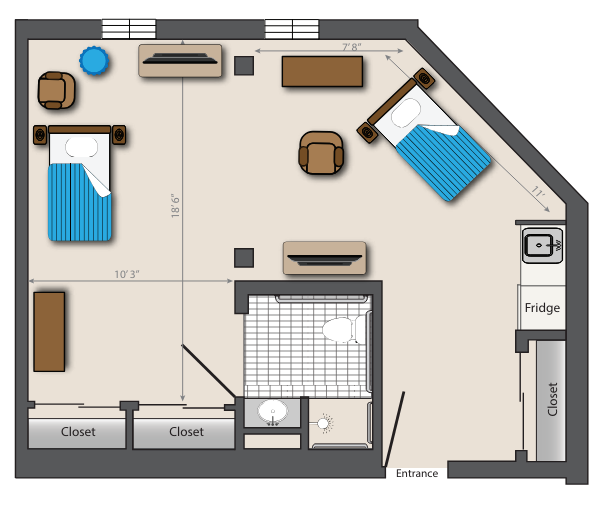 The detailed floor plan of our one-bedroom apartment at Mira Vie Retirement Community in Manalapan, featuring well-labelled furnishings and exact dimensions. Optimize your search for perfect retirement living with us.