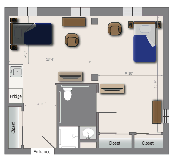 Our compact yet comfortable studio apartments at the popular Mira Vie at Manalapan retirement community. Our floor plans feature a cozy combined living and sleeping area, well-equipped kitchenette, and private bathroom – all designed for comfortable senior living.