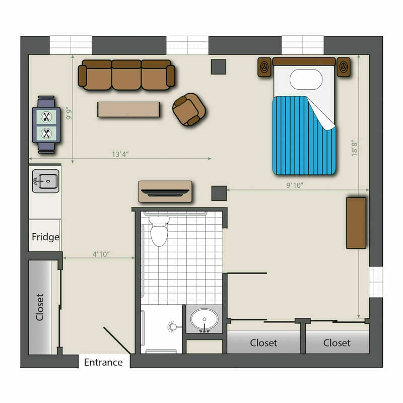 A simplified, one-bedroom floor plan in our Mira Vie at Manalapan retirement home. Offering a spacious living area, modern kitchen, bathroom, and ample closet space designed for comfortable senior living.
