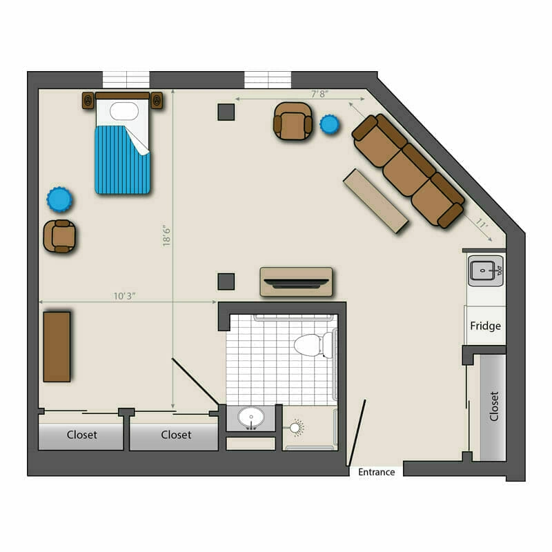 The detailed 2D floor plan of a one-bedroom apartment in the Mira Vie Manalapan retirement community, complete with clearly labeled furniture and precise measurements.