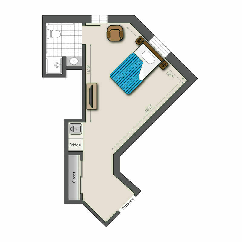 The expertly designed 2D layout of an L-shaped kitchen featuring labeled appliances and furniture at Mira Vie Retirement Community in Manalapan.