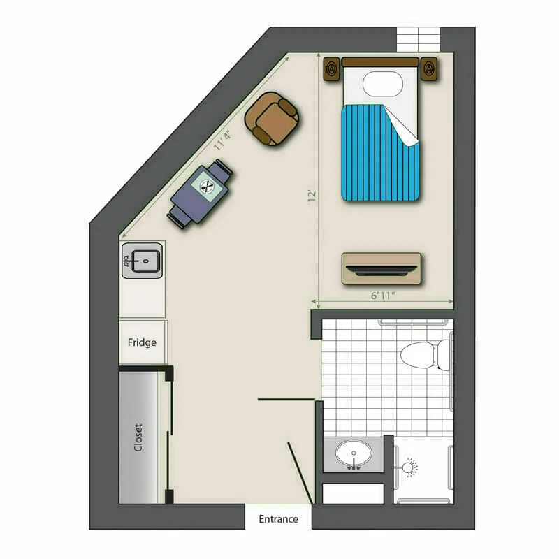 The efficient studio apartment floor plan at Mira Vie at Manalapan retirement community, offering combined living, sleeping and kitchen spaces with a private bathroom.
