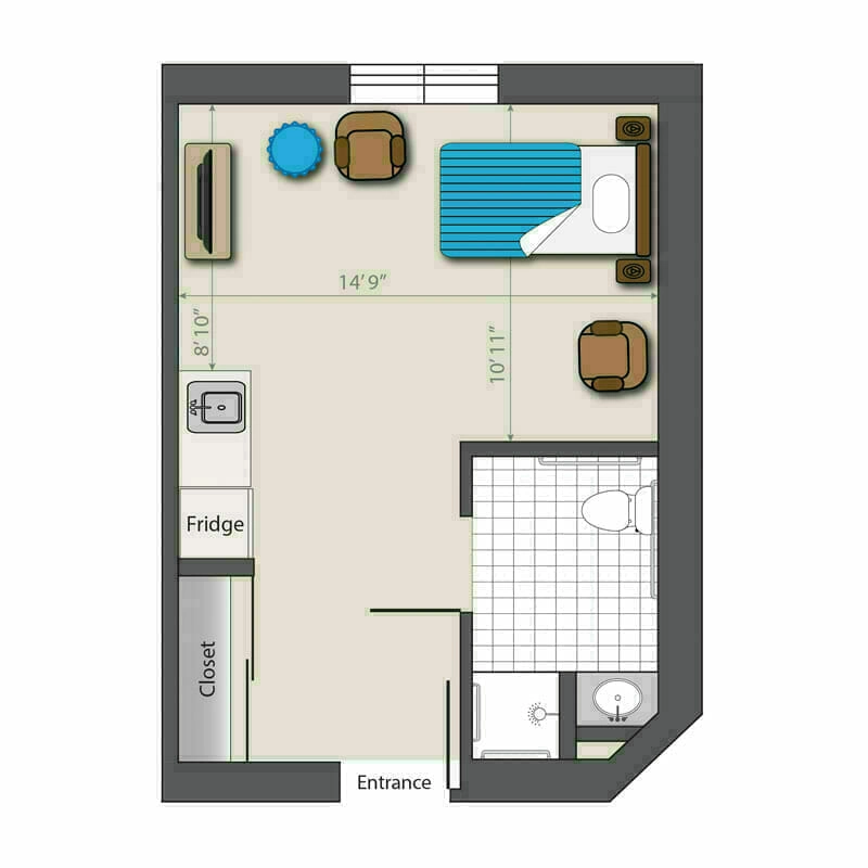 The well-structured one-bedroom apartment floor plan at Mira Vie Retirement Community in Manalapan. Each space - from the bedroom and living room to the kitchen, bathroom, and closet - is thoughtfully designed for comfortable senior living.
