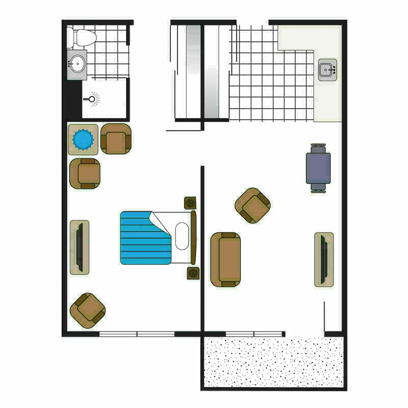 The compact, well-designed floor plan of a small office in the Mira Vie at Montville retirement community. It boasts of a private bathroom, an inviting entry area, and includes functional furniture such as desks and chairs.