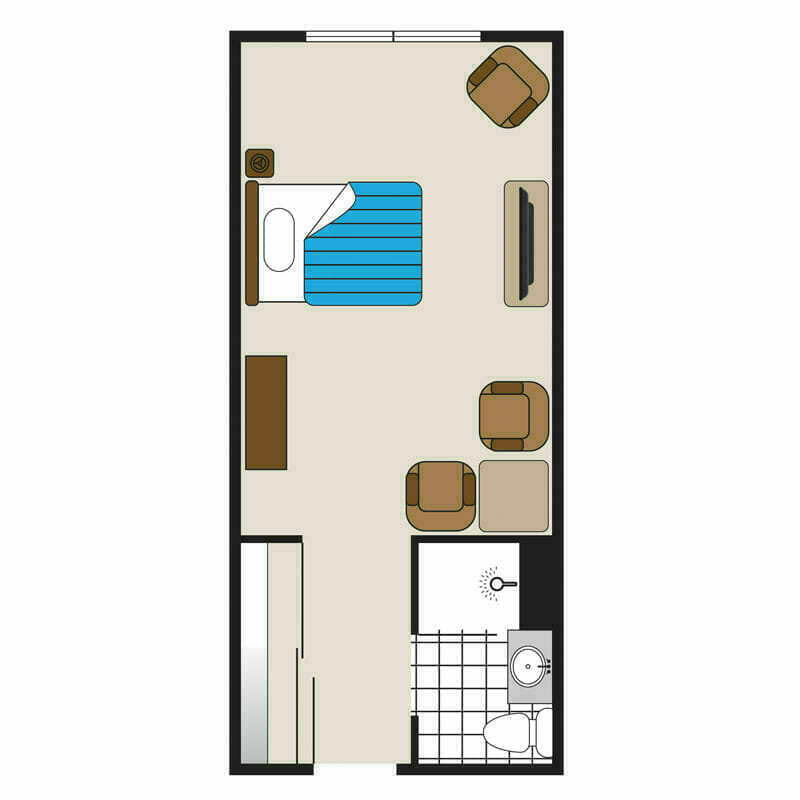 The cozy, compact apartments at Mira Vie at Montville Retirement Community. Optimally designed with a top-down layout, our apartments include a comfortable bedroom, convenient kitchenette, intimate dining area and private bathroom. Live the luxury retirement lifestyle you deserve in our elite senior living facility.