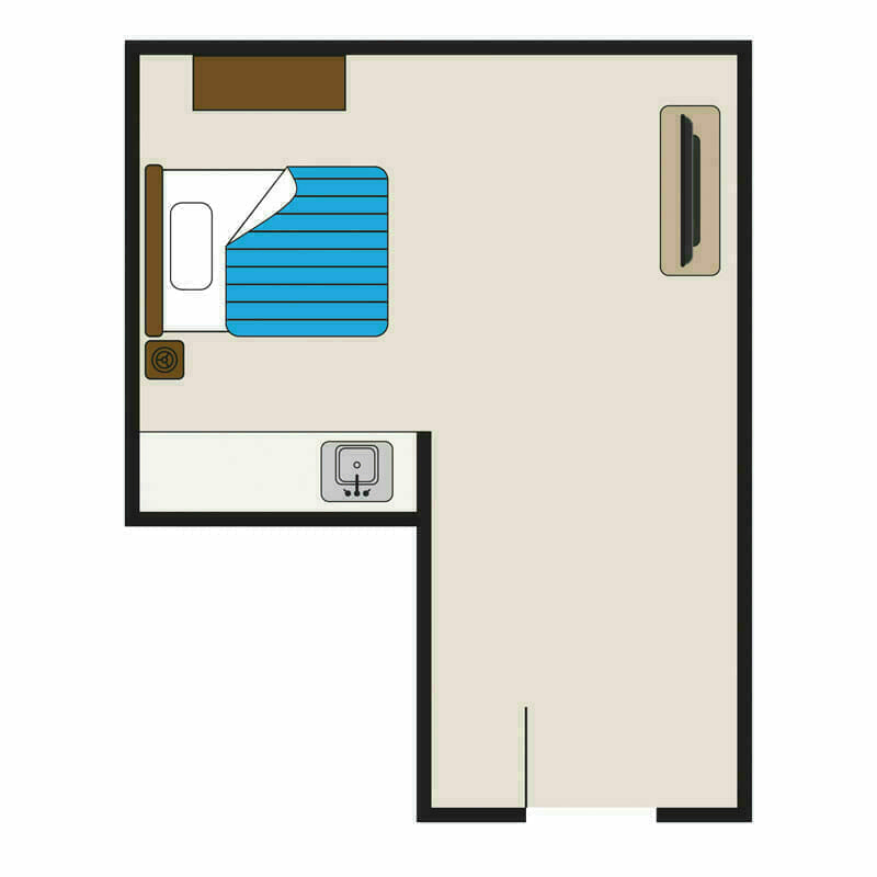 A straightforward, uncluttered room layout at Mira Vie at Montville retirement community, complete with restful alcove space featuring a bed, window and door. Comfortable living in our senior community.