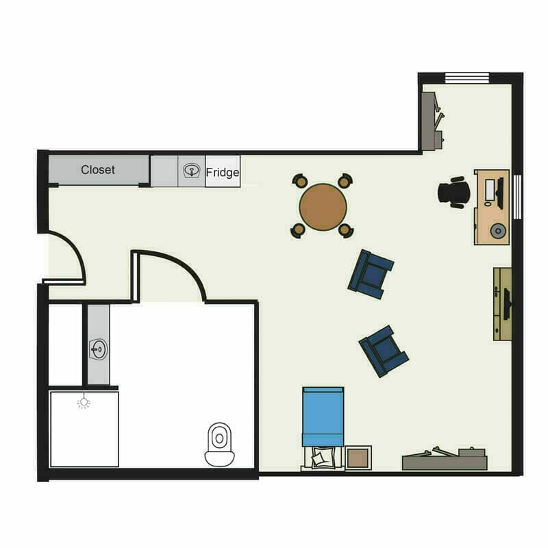 The thoughtfully designed 2D floor plan of a cozy apartment at Mira Vie Retirement Community in Tinton Falls, featuring a dedicated kitchen, comfortable living area, and ample closet space.
