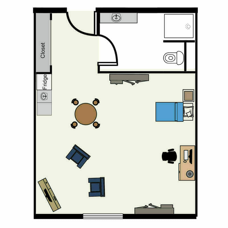 The compact and comfortable one-room apartment at Mira Vie at Tinton Falls retirement community. The smart layout features a cozy bed, spacious closet, welcoming dining area, and relaxing living space. Tasteful furnishings that make your retirement lifestyle as easygoing as possible in this well-designed senior living apartment.