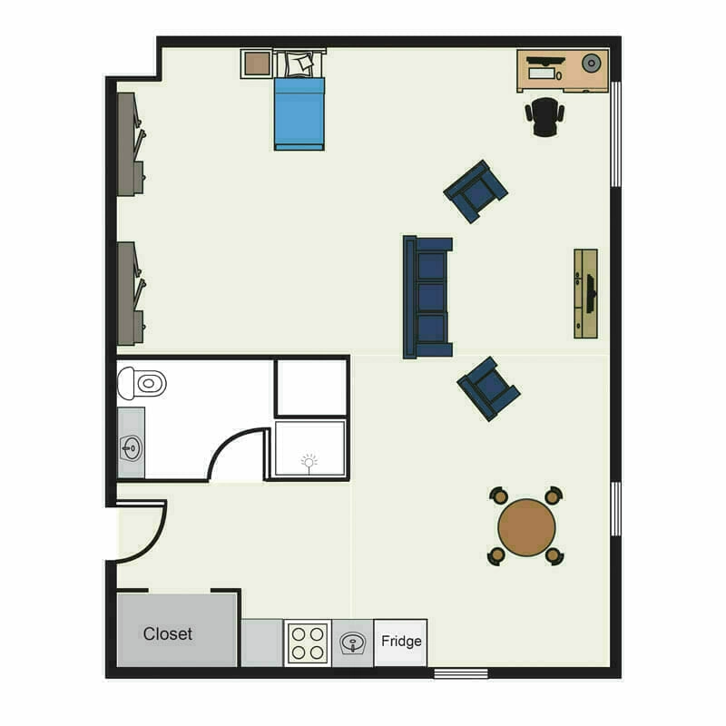 The cozy one-bedroom apartment layout at Mira Vie Retirement Community in Tinton Falls, complete with a comfortable living area, functional kitchen, private bathroom, and sufficient closet space.