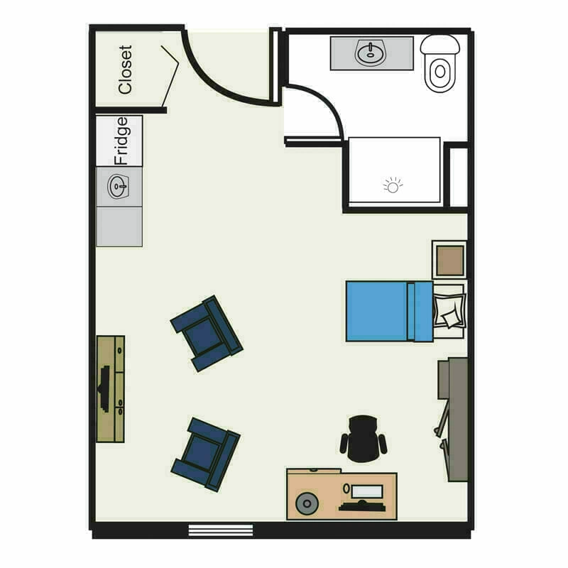 The compact yet cozy studio apartment at Mira Vie Retirement Community in Tinton Falls. Equipped with a kitchenette, living/sleeping area, bathroom and a well-sized closet. Our 2D layout online now.