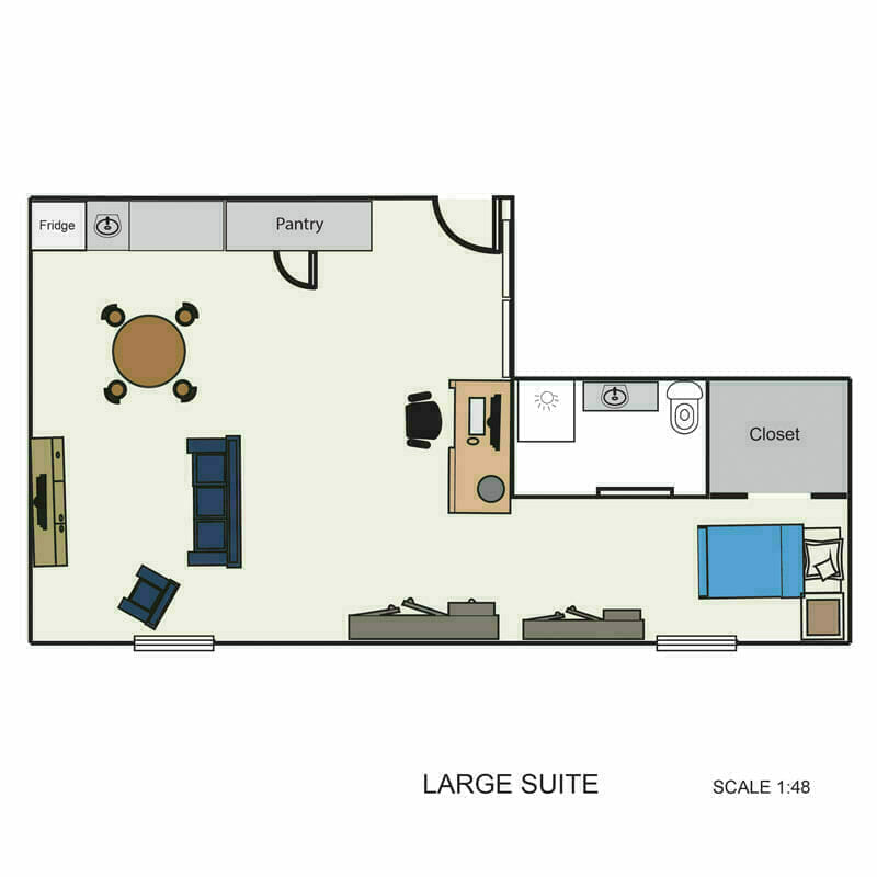 The spacious suite floor plan at Mira Vie Retirement Community in Toms River, featuring dedicated spaces for a pantry, refrigerator, closet, and personalized furniture arrangement.