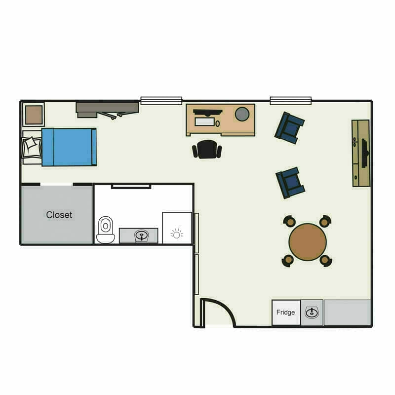 The simplistic yet elegant one-bedroom apartment floor plan layout at Mira Vie Retirement Community in Toms River, designed with the perfect mix of function and style for seniors.