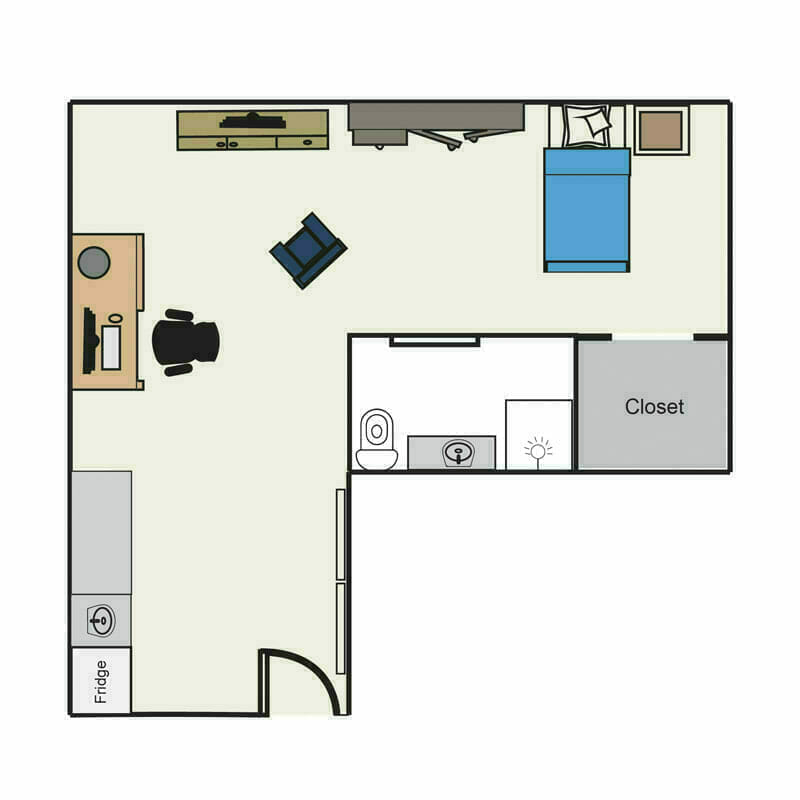 The detailed overhead floor plan of a Mira Vie studio apartment in our Toms River retirement community. Take a virtual tour, including labeled furniture and appliances, for an immersive experience.