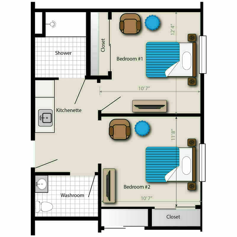 Comfortable living in our two-bedroom apartments at Mira Vie of West Milford Retirement Community. Our floor plan includes a handy kitchenette, a well-equipped washroom, and a private shower for your convenience.