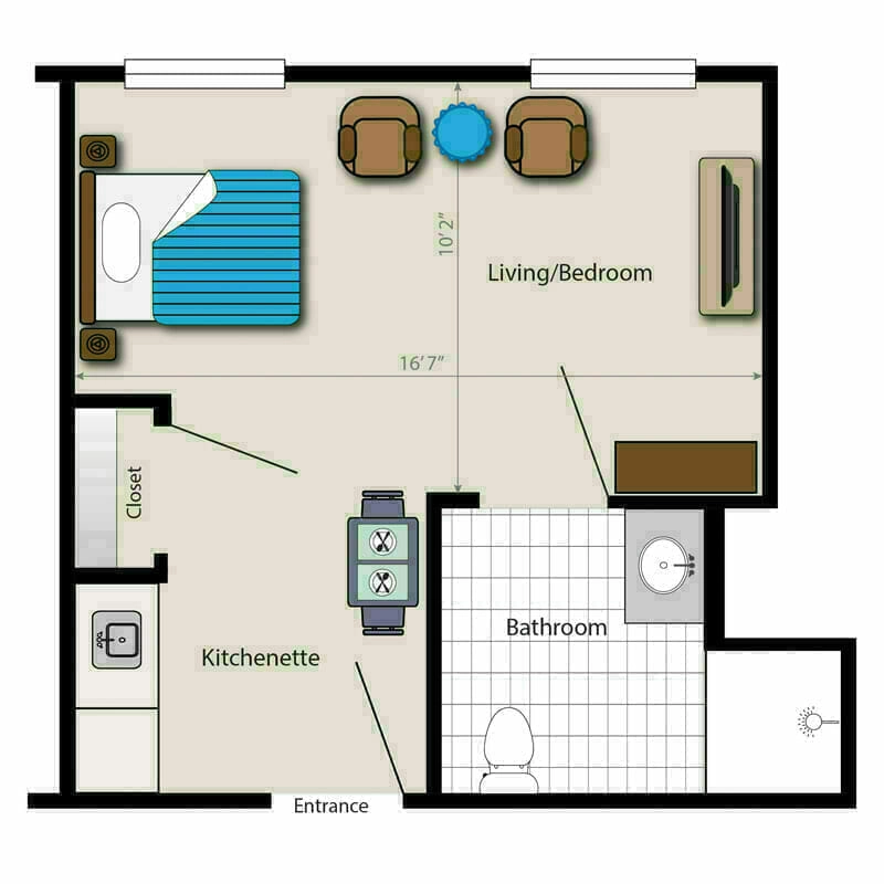 The efficiently designed studio apartment layout at Mira Vie at West Milford retirement community. Each space is thoughtfully designated for sleeping, living, cooking, and bathing in our comfortable senior living homes.