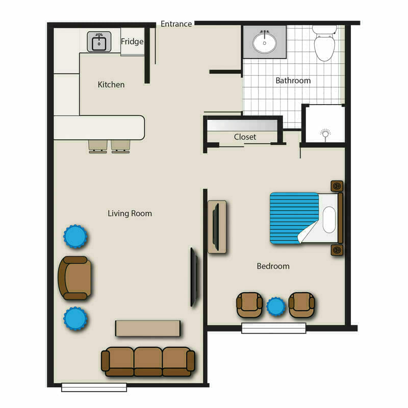 The one-bedroom apartment floor plan at Mira Vie Retirement Community in West Milford, complete with labeled rooms and planned furniture layout.