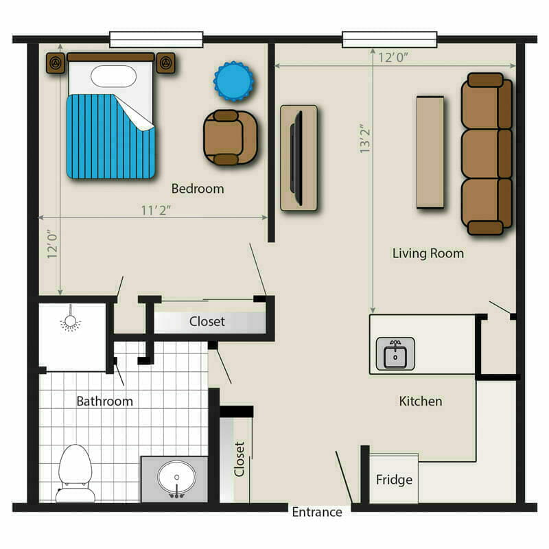 The thoughtfully designed one-bedroom apartment floor plan at Mira Vie at West Milford Retirement Community, complete with room labels and furniture layout for an optimal living experience.