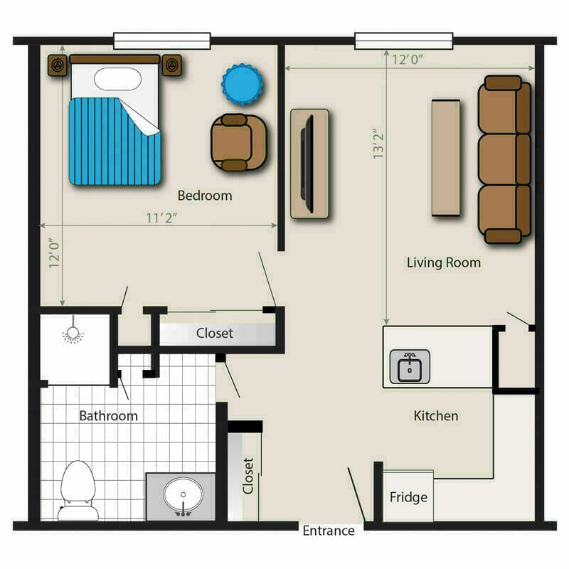 The thoughtfully designed one-bedroom apartment floor plan at Mira Vie at West Milford Retirement Community, complete with room labels and furniture layout for an optimal living experience.