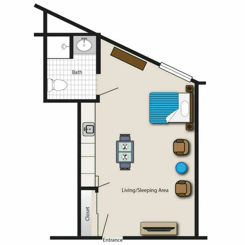 The quaint studio apartments at Mira Vie in West Milford retirement community, designed for maximum functionality. Our signature studio layout includes a versatile living/sleeping area, separate bathroom, convenient kitchenette, and roomy closet space to cater to your comfort and needs.
