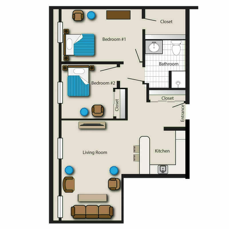 The comfort of a two-bedroom apartment at Mira Vie, a premier retirement community in West Milford. Each spacious unit features a cozy living room, fully-equipped kitchen, modern bathroom, and abundant closet space. Easy living designed with seniors in mind at Mira Vie.