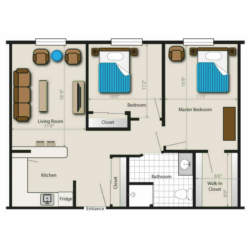 The well-designed two-bedroom apartment floor plan, complete with furniture layout, at Mira Vie retirement community in West Milford.