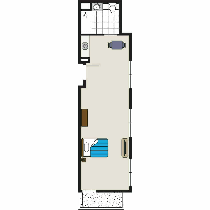 Our 2D floor plan for a sleek, vertical layout apartment at Mira Vie at Warren retirement community. It features a comfortable living area, modern kitchen, spacious bedroom, and well-equipped bathroom.