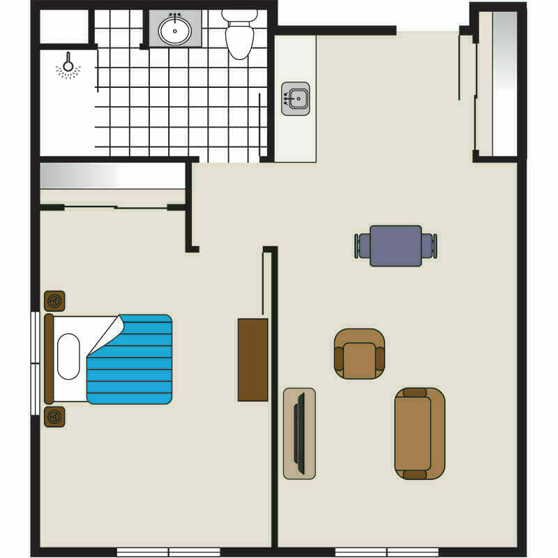 The simple, yet elegant, floor plan of our Mira Vie at Warren retirement community. It comprises of a well-equipped kitchen, comfortable bedroom, private bathroom and cozy living area. Perfect for senior-friendly living.