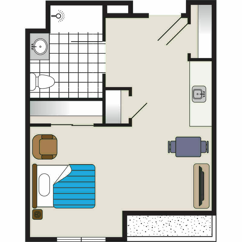 The 1-bedroom apartment at Mira Vie at Warren Retirement Community featuring a convenient floor plan with a kitchen, bathroom, and living area.