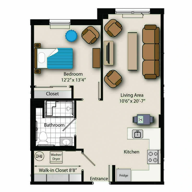 The one-bedroom apartment layout at the Mira Vie at Warren Retirement Community, complete with a spacious bedroom, walk-in closet, functional kitchen, cozy living area, bathroom and extra storage space.