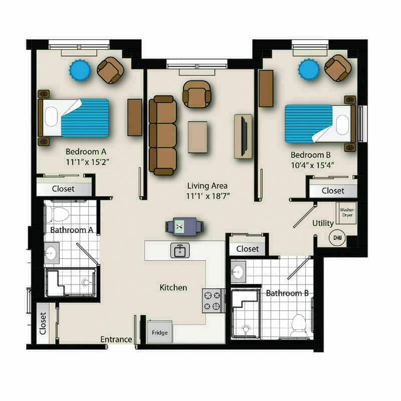 The detailed 2D floor plan of our two-bedroom apartment in Mira Vie at Warren retirement community. The layout features labeled rooms, furnished interiors, and comprehensive room dimensions for easy navigation. Perfectly optimized for your comfortable and convenient living experience.